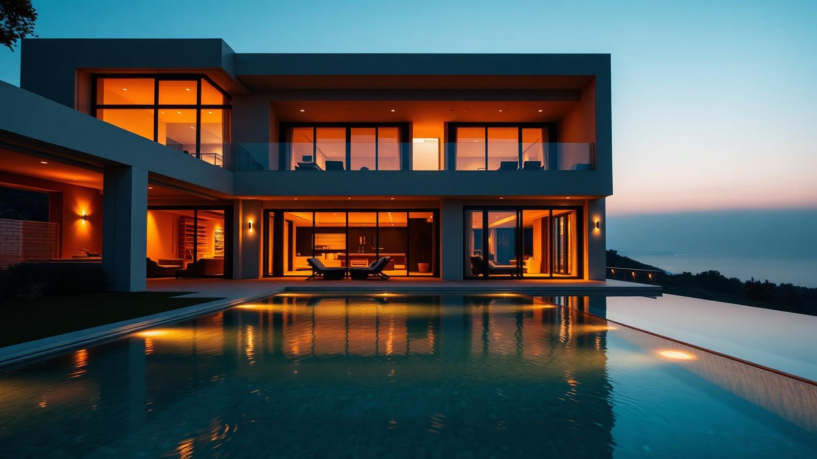 Luxury villa at dusk — still frame from a cinematic property video